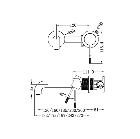 OPAL WALL BASIN/BATH MIXER SEPARATE BACK PLATE 185/260MM GRAPHITE