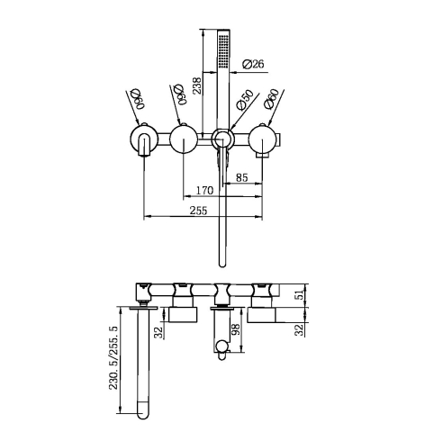 KARA PROGRESSIVE SHOWER SYSTEM SEPARATE PLATE WITH SPOUT 230MM GUN METAL